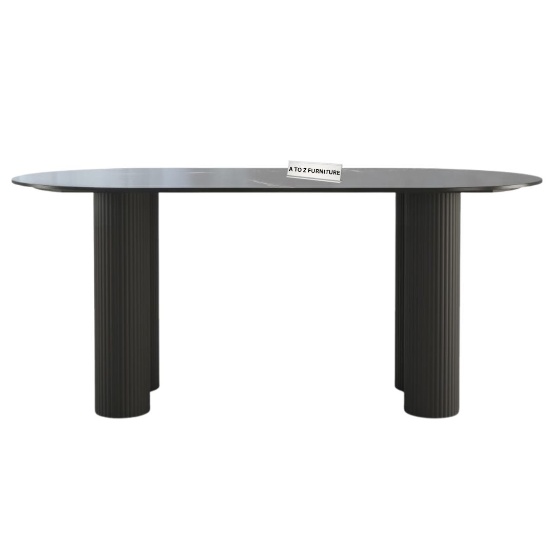 Ribara Oval Ribbed Base with Marble Effect Top Dining Table in Black in Black