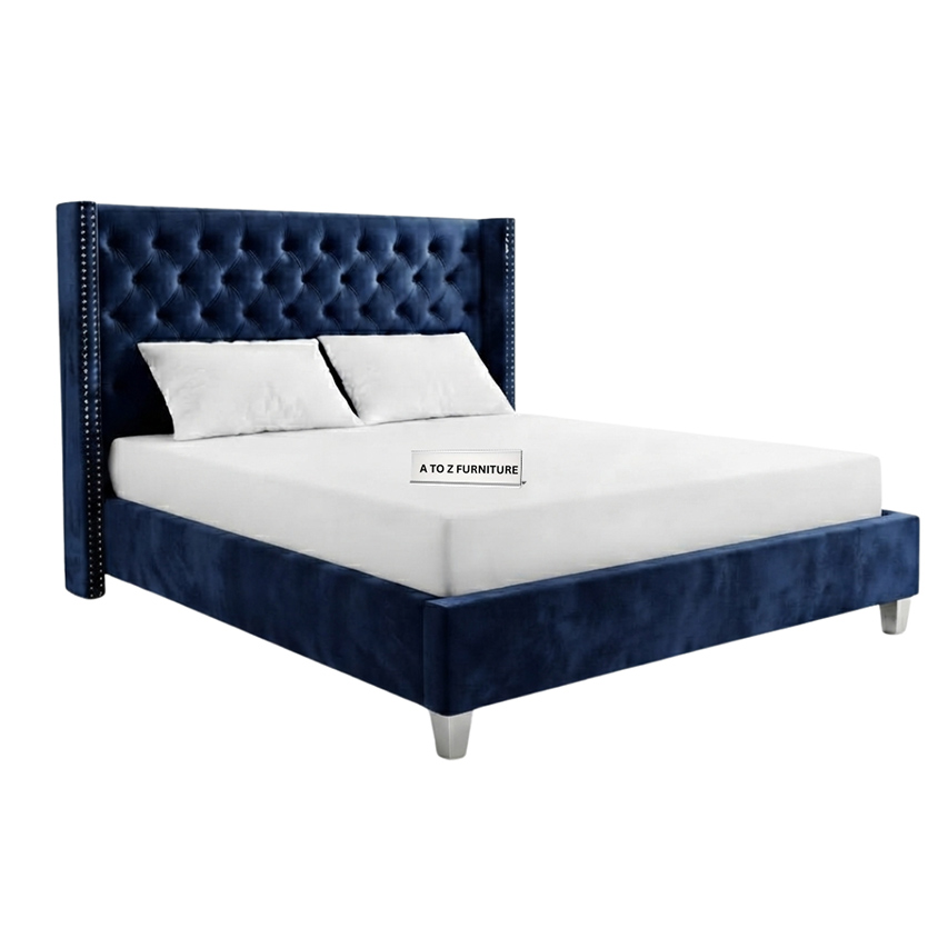 Purkey Velvet Queen Size Bed in Navy Blue in Navy Blue