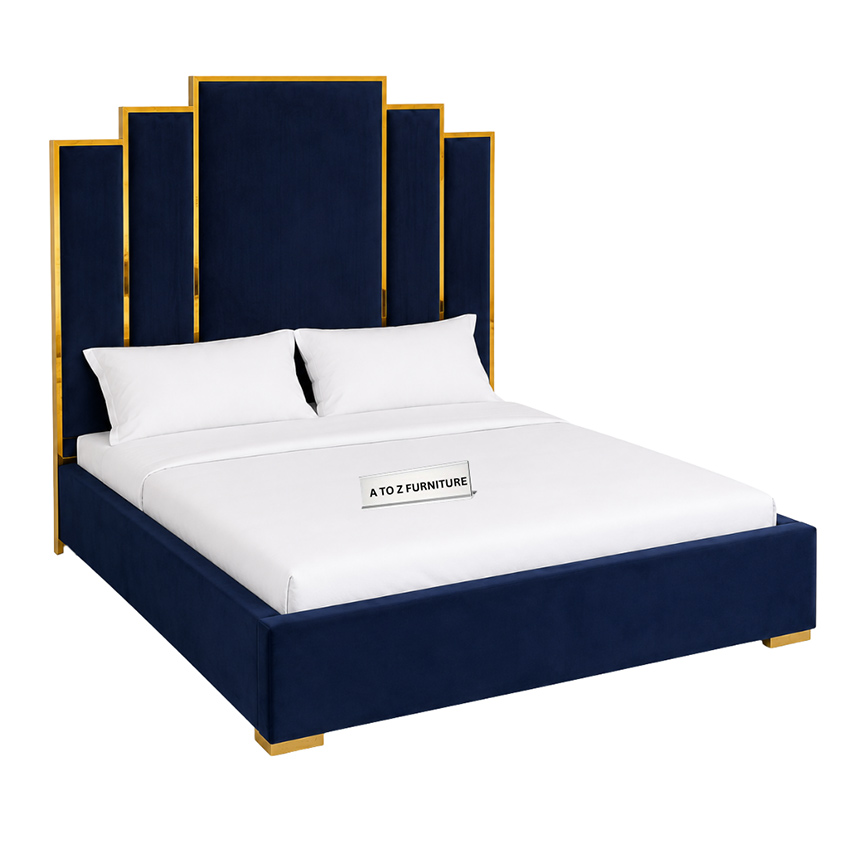 Harlen Velvet Queen Size Bed in Navy Blue in Navy Blue