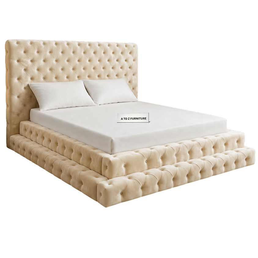 Meridian Hand-Tufted Velvet King Size Bed in Cream in Cream