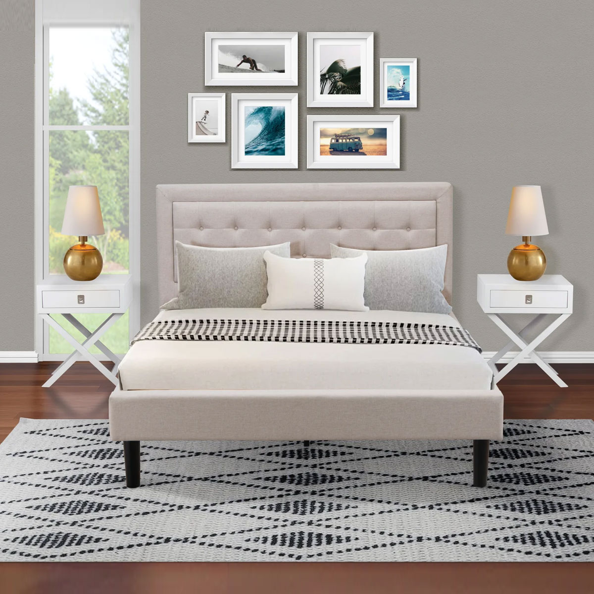 Franck Upholstered Platform 3 Piece Bedroom Set in Beige