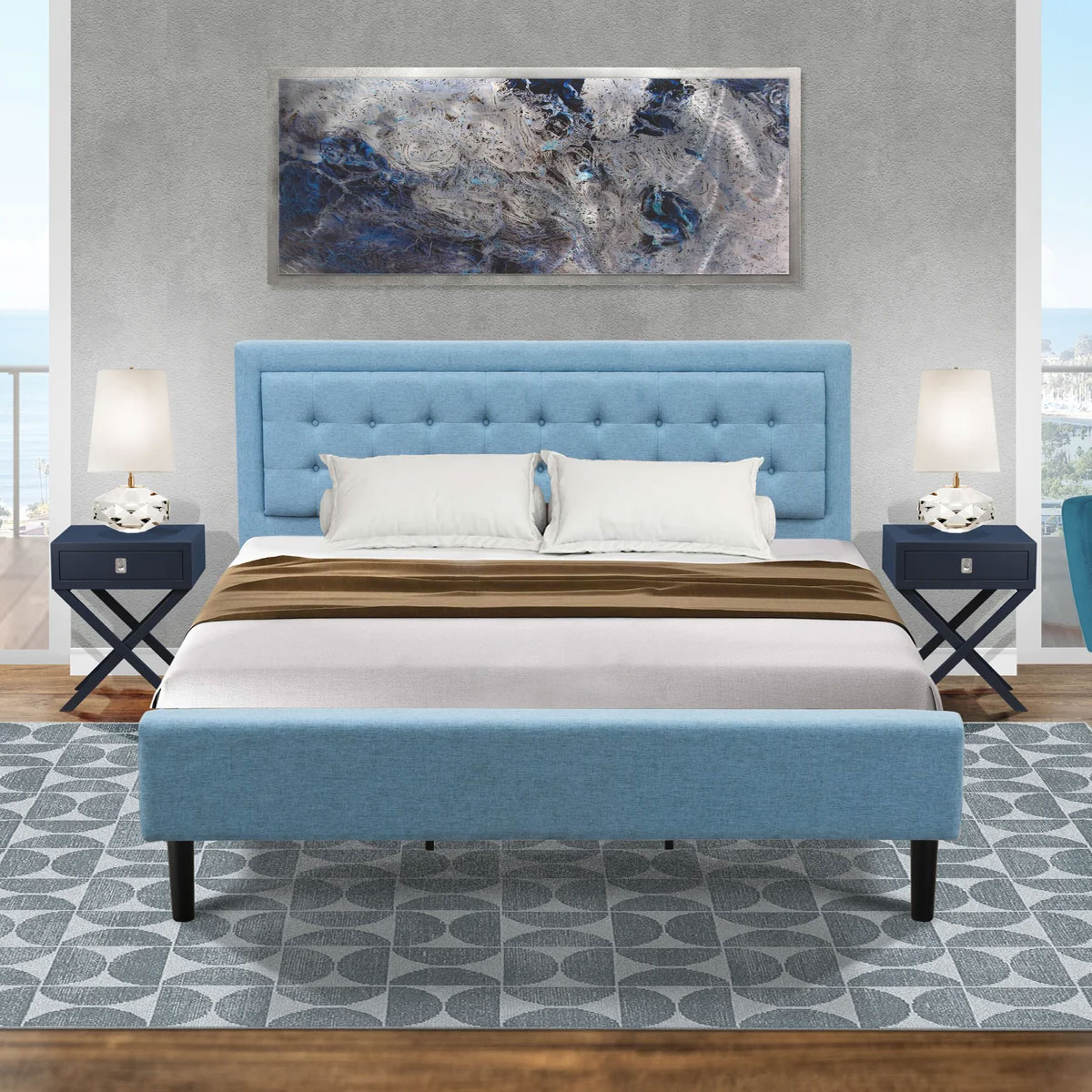 Franck Upholstered Platform 3 Piece Bedroom Set in SkyBlue