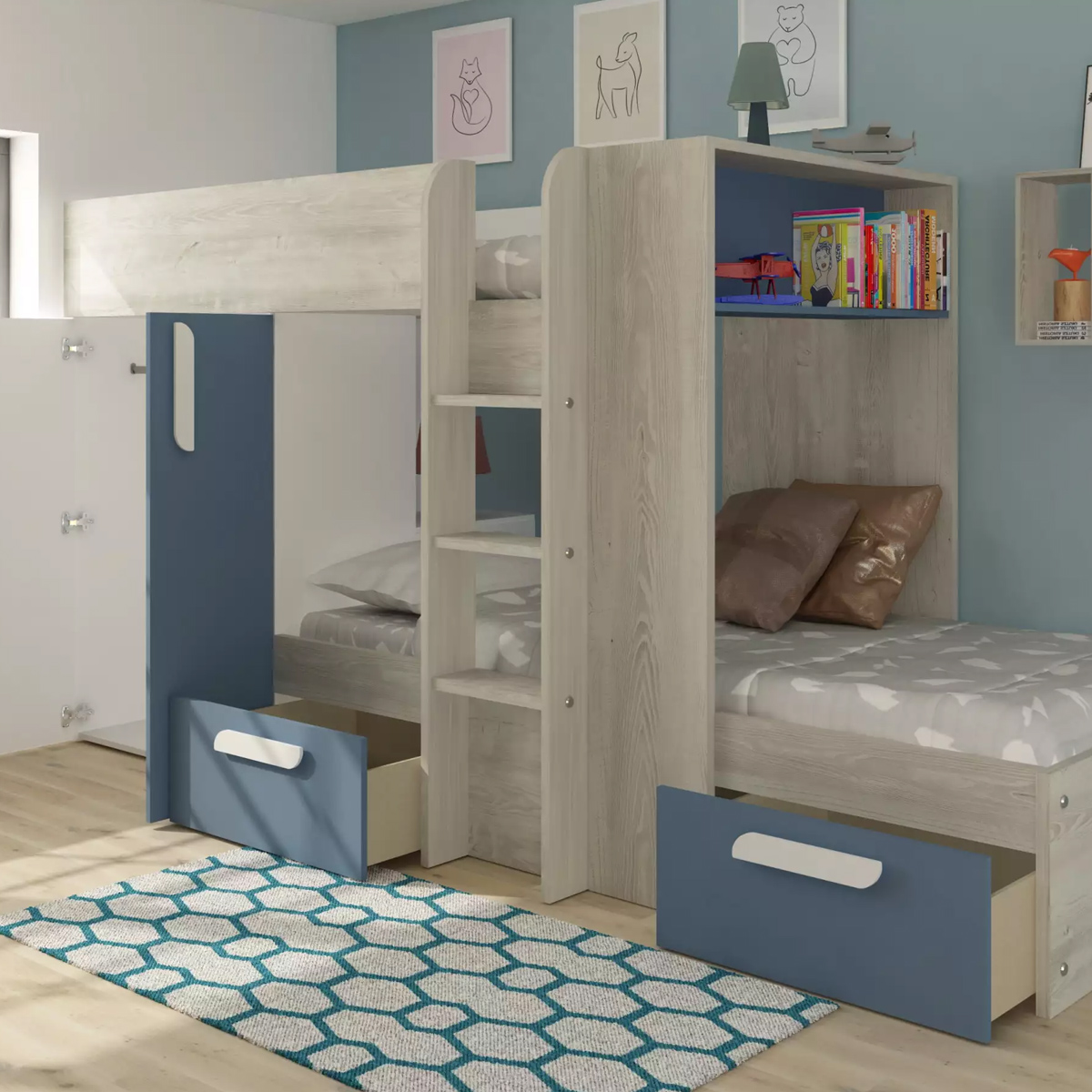 Barca Bunk Bed with Storage Drawers, Wardrobe and Shelves in Blue