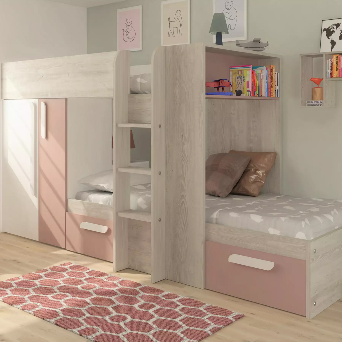 Barca Bunk Bed with Storage Drawers, Wardrobe and Shelves in Pink
