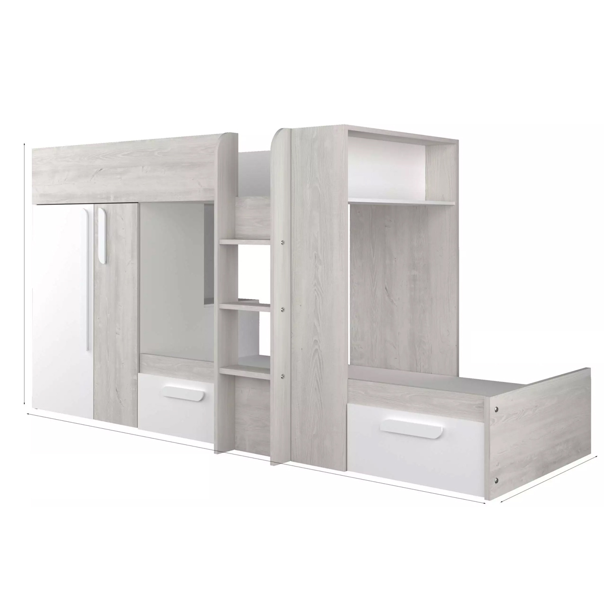 Barca Bunk Bed with Storage Drawers, Wardrobe and Shelves in White