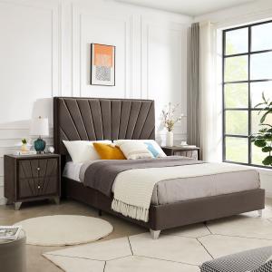 Stripe Cushion Bed with Headboard and Nightstands