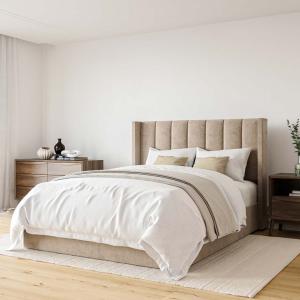 Maddoo Wing Back Bed Frame in Beige Color