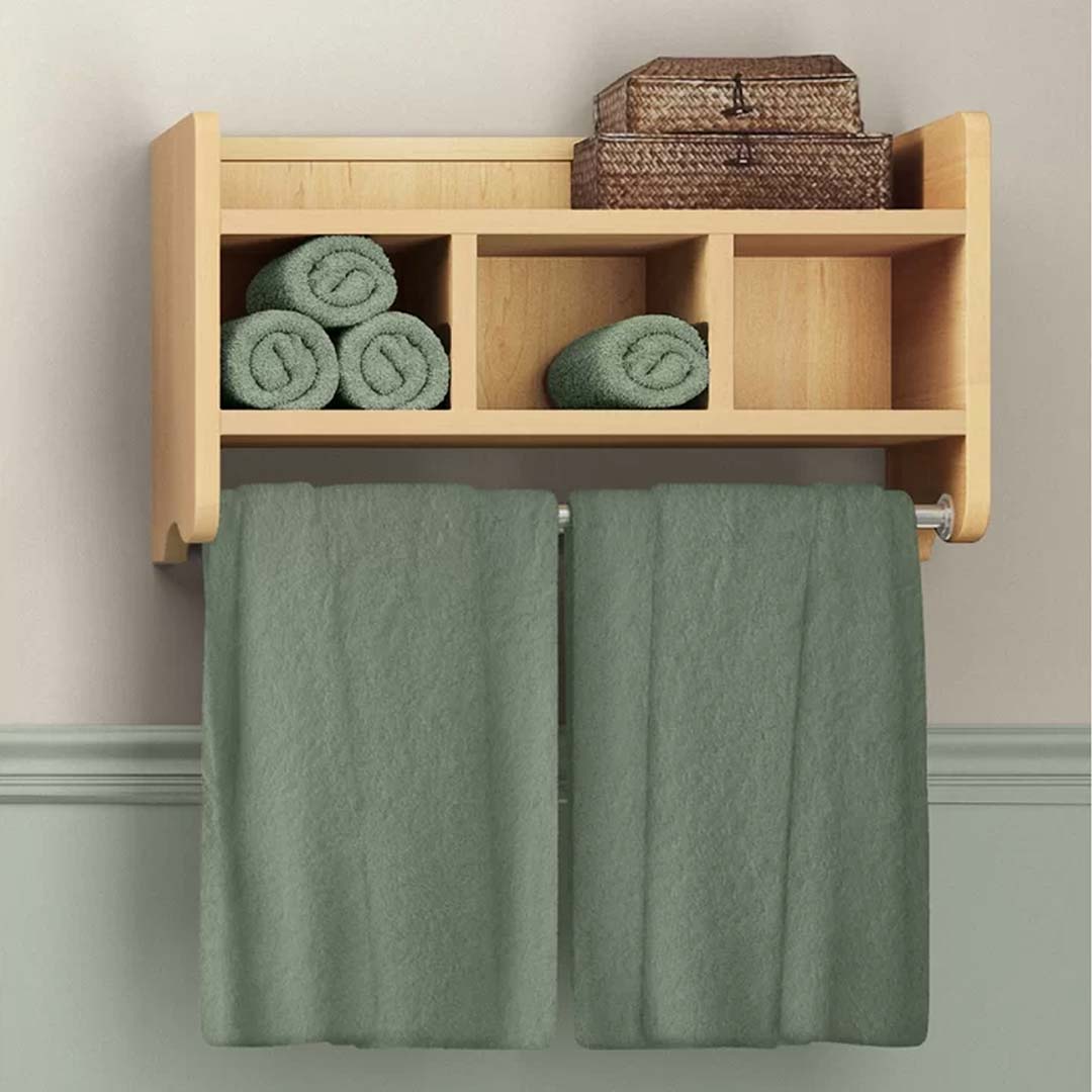 Bath Storage Shelf with Towel Rod in Oak Color